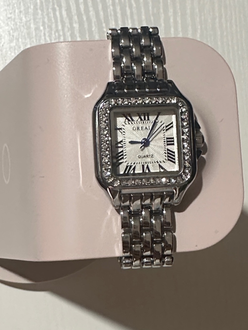 Women’s elegant Greal Silver Tone Crystal-Trim Square Face Quartz Watch